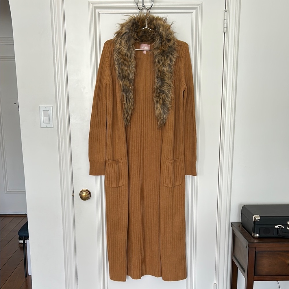Show Me Your MuMu Lombardi Long Knit Cardigan in Hazelnut with Faux Fur Collar
